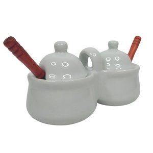 Houston Harvest Condiment Serving Set Ceramic White Jelly Jams Spices Spoons HH